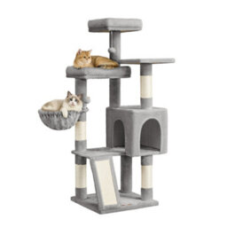 LEDREM Cat Tree, Cat Tower Condo With Scratching Posts And Ramp, 3 Large Beds, Cave, Basket, 2 Pompoms, 136 Cm Tall, Dove Grey - thumbnail 2