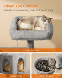 LEDREM Cat Tree, Cat Tower Condo With Scratching Posts And Ramp, 3 Large Beds, Cave, Basket, 2 Pompoms, 136 Cm Tall, Dove Grey - thumbnail 5