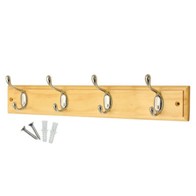 Keypak 4-Hook Wall-Mounted Coat Rack, 45Cm - Pine Wood Effect Board, Polished Chrome Coat Hooks - Fixings Included - image 1