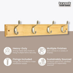 Keypak 4-Hook Wall-Mounted Coat Rack, 45Cm - Pine Wood Effect Board, Polished Chrome Coat Hooks - Fixings Included - thumbnail 2