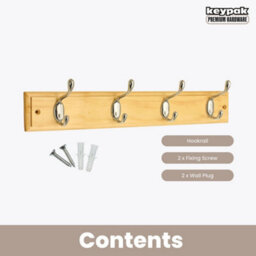 Keypak 4-Hook Wall-Mounted Coat Rack, 45Cm - Pine Wood Effect Board, Polished Chrome Coat Hooks - Fixings Included - thumbnail 4