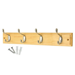 Keypak 4-Hook Wall-Mounted Coat Rack, 45Cm - Pine Wood Effect Board, Polished Chrome Coat Hooks - Fixings Included
