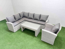 Fimous Rattan Garden Furniture Set Outdoor 7 Seater Corner Sofa Sets With Oblong Coffee Table Chair Light Grey Mixed - thumbnail 1