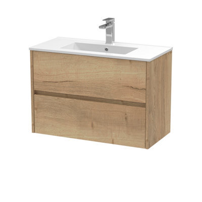 Nuie Havana Wall Hung 2 Drawer Vanity Basin Unit & Minimalist Ceramic Basin, Modern Sink Vanity Unit In Autumn Oak With White - image 1