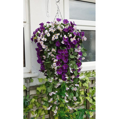 Artificial Hanging Basket Flowers Plants Garden Grass Trailin Rose Ivy Leaf Fern - 2 Basket Displays - image 1