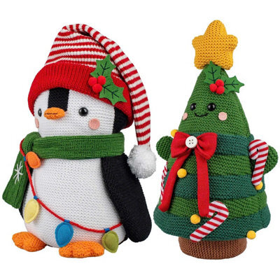 Xample 16 Inch Christmas Knit Characters Set, Penguin And Christmas Tree Shelf Sitters, Festive Indoor Holiday Decorations - image 1