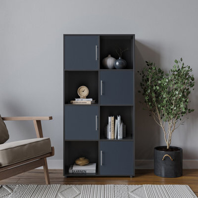Urbn-Living Urbnliving 119Cm Height 8 Cube Bookcase Black Wood Grey Door Metal Handle Display Storage Shelf - image 1