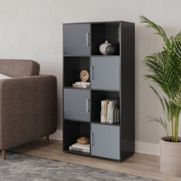 Urbn-Living Urbnliving 119Cm Height 8 Cube Bookcase Black Wood Grey Door Metal Handle Display Storage Shelf - thumbnail 2