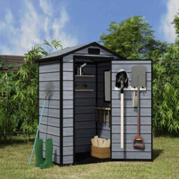 Birchtree 4X3Ft Plastic Garden Shed Apex With Floor Window Lockable Door Wood Grain Grey - thumbnail 1