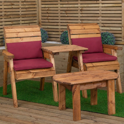 Samuel Alexander 2 Seater Chunky Wooden Garden Furniture Set With Coffee Table & Burgundy Cushions - image 1