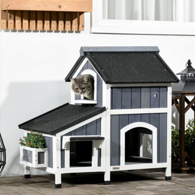 Pawhut Wooden Outdoor Cat House W/ Flower Pot, Windows, Multiple Entrances - image 1