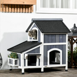 Pawhut Wooden Outdoor Cat House W/ Flower Pot, Windows, Multiple Entrances