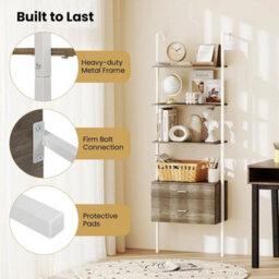 6-Tier Ladder Bookcase 184Cm Wall-Mounted Drawers Grey - thumbnail 5