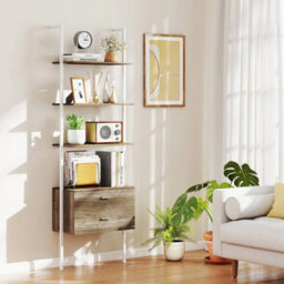 6-Tier Ladder Bookcase 184Cm Wall-Mounted Drawers Grey - thumbnail 6