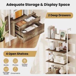 6-Tier Ladder Bookcase 184Cm Wall-Mounted Drawers Grey - thumbnail 3