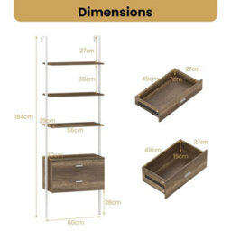 6-Tier Ladder Bookcase 184Cm Wall-Mounted Drawers Grey - thumbnail 2
