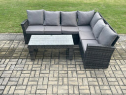 Fimous 6 Seat Rattan Garden Furniture Corner Sofa Set Outdoor Patio Sofa Table Set With Cushions Dark Grey Mixed - thumbnail 2