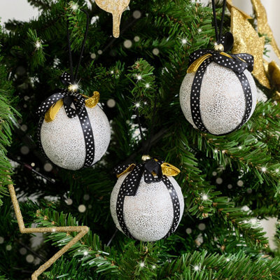 Melody Maison Set Of 3 Round White & Black Gold Ribbon Baubles - image 1