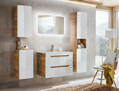 Impact Furniture Bathroom Furniture Set 800mm Vanity Unit With Sink And Wall Hung Cabinets White Gloss And Oak Aruba - image 1