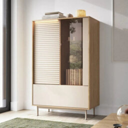 Arte Tila Display Cabinet 100Cm - Cashmere & Oiled Oak, Glass Door With Led Lighting - thumbnail 4