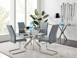 Furniturebox Novara Clear Tempered Glass 100Cm Round Dining Table With Chrome Starburst Legs & 4 Grey Lorenzo Faux Leather Chairs - thumbnail 1
