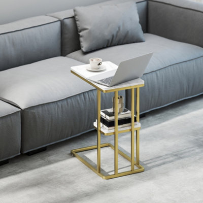 Homcom C-Shaped Narrow Side Table, End Table With Shelf, White Marble Grain - image 1