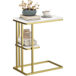 Homcom C-Shaped Narrow Side Table, End Table With Shelf, White Marble Grain - thumbnail 2