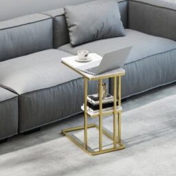 Homcom C-Shaped Narrow Side Table, End Table With Shelf, White Marble Grain
