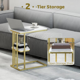 Homcom C-Shaped Narrow Side Table, End Table With Shelf, White Marble Grain - thumbnail 5