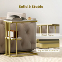 Homcom C-Shaped Narrow Side Table, End Table With Shelf, White Marble Grain - thumbnail 7