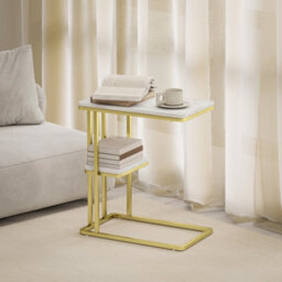 Homcom C-Shaped Narrow Side Table, End Table With Shelf, White Marble Grain - thumbnail 8