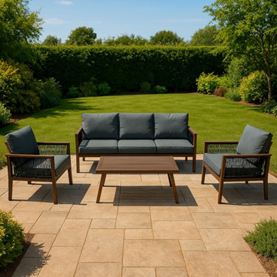 MonsterShop Garden Aluminium 5 Seat Furniture Sofa Set Rattan Alternative Wood Effect 4 Piece - image 1
