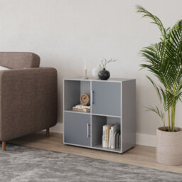 Urbn-Living Urbnliving 61Cm Height 4 Cube Bookcase Grey Wood Door Metal Handle Display Storage Shelf - thumbnail 2