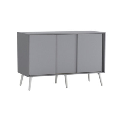 Urbn-Living Urbnliving 3-Door Sliding Cabinet Sideboard Grey Carcass With Grey Doors Storage Organiser Home Cupboard White Wooden Legs - image 1