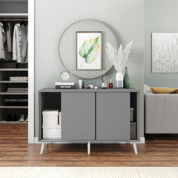 Urbn-Living Urbnliving 3-Door Sliding Cabinet Sideboard Grey Carcass With Grey Doors Storage Organiser Home Cupboard White Wooden Legs - thumbnail 4
