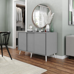 Urbn-Living Urbnliving 3-Door Sliding Cabinet Sideboard Grey Carcass With Grey Doors Storage Organiser Home Cupboard White Wooden Legs - thumbnail 2
