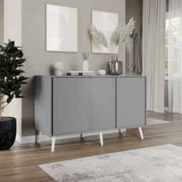 Urbn-Living Urbnliving 3-Door Sliding Cabinet Sideboard Grey Carcass With Grey Doors Storage Organiser Home Cupboard White Wooden Legs - thumbnail 3