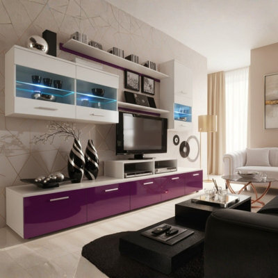 Modern Living Room Wall Unit With Led Lighting Beta White Purple Gloss - image 1