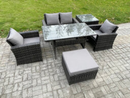 Fimous Pe Wicker Outdoor Garden Furniture Set Patio Furniture Rattan Rectangular Dining Table Lounge Sofa For Balcony