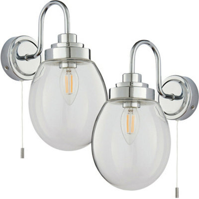 2 Pack Ip44 Bathroom Wall Light Chrome & Round Clear Glass Curved Arm Oval Lamp - image 1