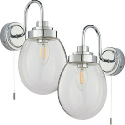 2 Pack Ip44 Bathroom Wall Light Chrome & Round Clear Glass Curved Arm Oval Lamp - thumbnail 1