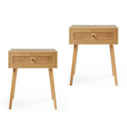 Btfy Rattan Bedside Tables Set Of 2, Nightstands W/wood Veneer For Bedroom W Tapered Legs & Gold Handles, Side Tables Living Room