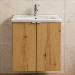 Heze Furniture Dove 2 Door Bathroom Cabinet Vanity Unit With Built-In Basin 60Cm In Evoke Oak - thumbnail 1