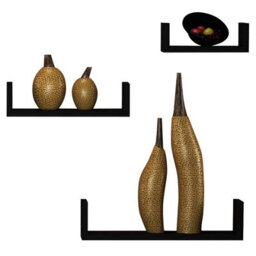Urbn-Living Urbnliving Height 10Cm Set Of 3 Black U-Shaped Floating Wooden Wall Mounting Shelves Display Unit For Books And Storage - thumbnail 2