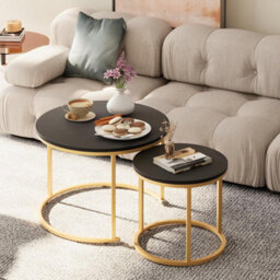 Huhote Round Nesting Coffee Tables 2 Set With Metal Frame Black Top 23.6/15.7 In For Living Room Bedroom Balcony Side End Table - thumbnail 1