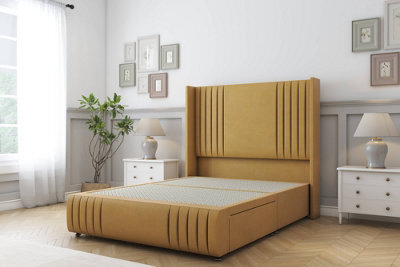 "Sloomy Camden Mustard Plush Divan Bed Base 2 Drawers Foot-End-54"" Wingback Headboard12""-Footboard 4' Small Double" - image 1