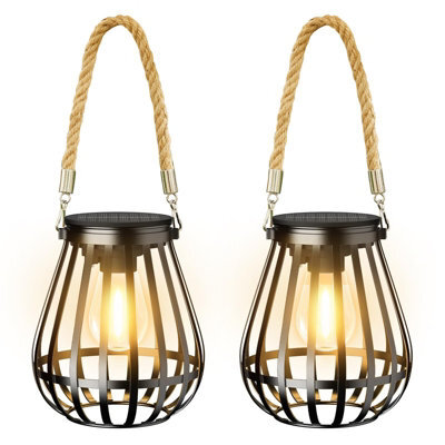 Amorly 2 Pack Solar Lanterns Outdoor Waterproof, Metal Hanging Lights With Rope Handle, Warm White Led Flame Effect, Garden Patio Decor - image 1