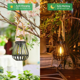 Amorly 2 Pack Solar Lanterns Outdoor Waterproof, Metal Hanging Lights With Rope Handle, Warm White Led Flame Effect, Garden Patio Decor - thumbnail 4