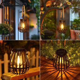 Amorly 2 Pack Solar Lanterns Outdoor Waterproof, Metal Hanging Lights With Rope Handle, Warm White Led Flame Effect, Garden Patio Decor - thumbnail 3