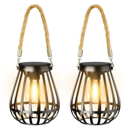 Amorly 2 Pack Solar Lanterns Outdoor Waterproof, Metal Hanging Lights With Rope Handle, Warm White Led Flame Effect, Garden Patio Decor - thumbnail 1